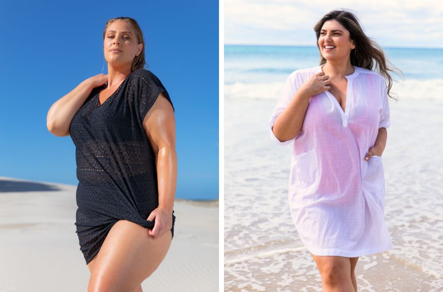 Woman with slicked back hair wears black mesh dress at the beach. Woman with long brown hair wears white cotton overshirt at the beach
