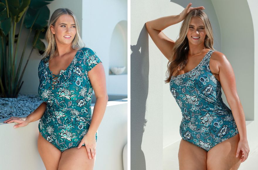 Woman with long blonde hair wears 2 different styles of teal and white floral one piece swimsuits