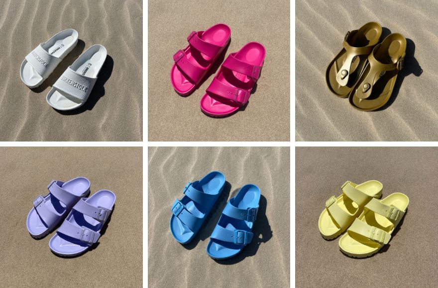 images of 6 pairs of brightly coloured Birkenstock sandals on the sand