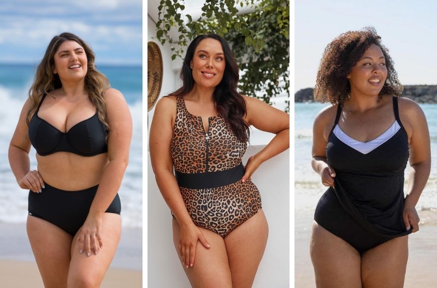 3 women wear different swimsuit styles - black underwire bikini top and pant, leopard print zip front sleeveless one piece swimsuit, black and white underwire tankini top and pants