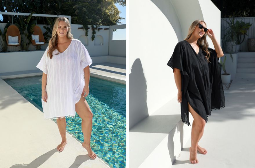Woman with long blonde hair wears white cotton kaftan by the pool.
