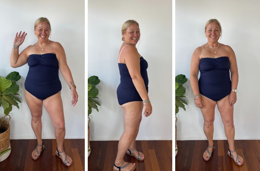 Woman with blonde hair poses in strapless navy swimsuit in 3 different poses