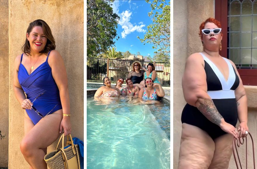 Woman with brown hair wears bright blue one piece swimsuit. 6 women sit in the pool wearing different styles of swimwear. Woman with short red hair wears black and white one piece swimsuit.