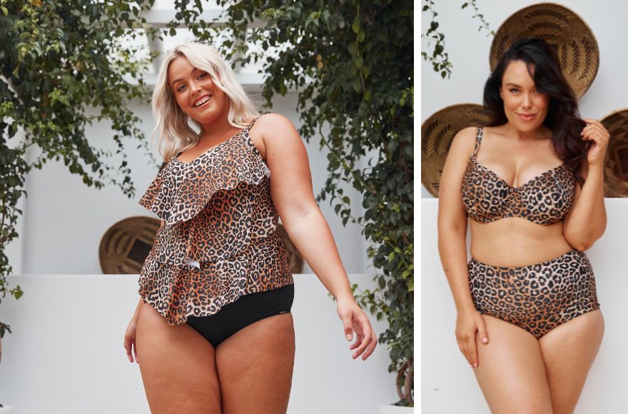 Blonde woman wears Leopard print 3 tier ruffle tankini top with plain black high waisted pant. Woman with long brown hair wears Leopard print underwire bikini top and high waisted pant