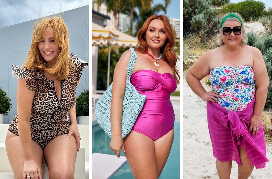 Woman with red hair wears leopard print one piece swimsuit. Woman with long red hair wears hot pink metallic one piece swimsuit, a colourful beaded necklace, and carries a blue straw bag. Woman with blonde hair poses on the sand dunes wearing a bright floral one piece swimsuit with a pink sarong tied around her waist.