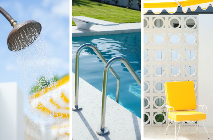 Close up images of the details of a Slim Aarons inspired pool.