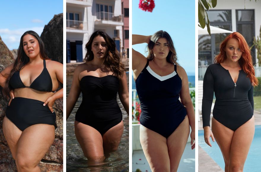 4 women wear different styles of black swimwear - bikini, strapless one piece, underwire one piece, and long sleeve one piece