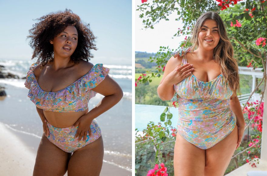 Woman with brown curly hair wears pastel floral frill bikini top and high waisted pant. Woman with long brown hair wears pastel retro floral one piece swimsuit