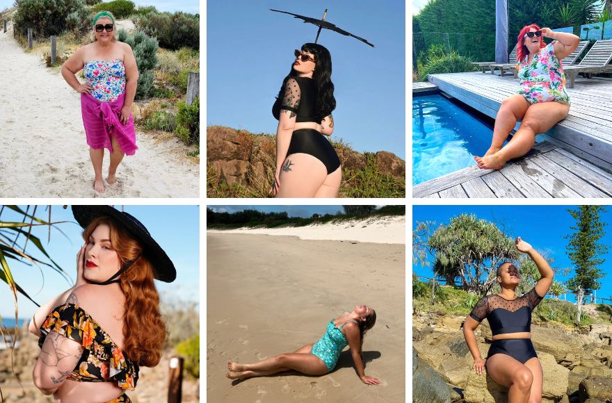 Grid featuring 6 women wearing different styles of swimwear