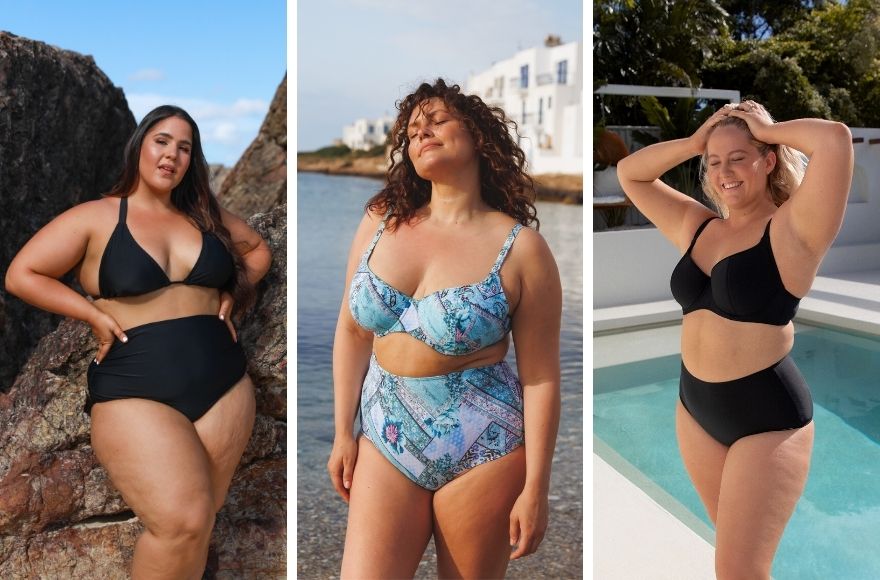 3 women wear different styles of high waisted bikini bottoms with matching tops