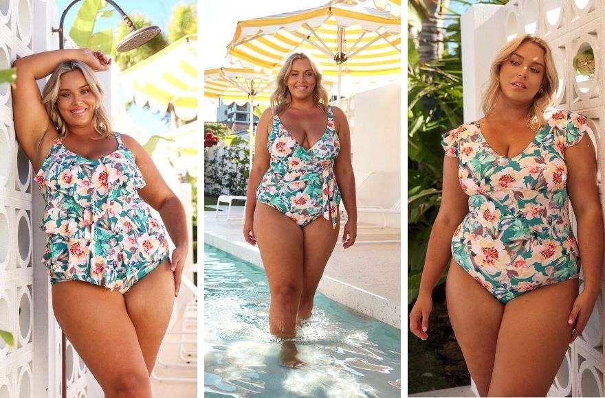 Woman with blonde hair wears different styles of floral print swimsuits