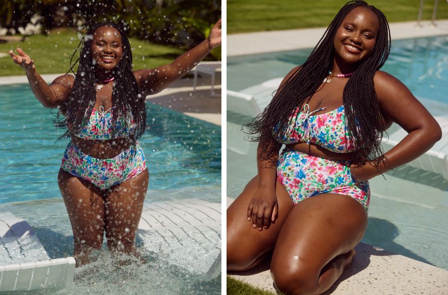 Woman with long dark brown braids poses in the pool, wears bright floral bikini