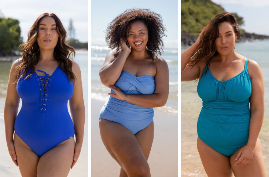 woman with long brown hair wears lace up royal blue one piece, woman with curly brown hair wears metallic blue twist front bandeau one piece, woman with long brown hair wears turquoise underwire one piece