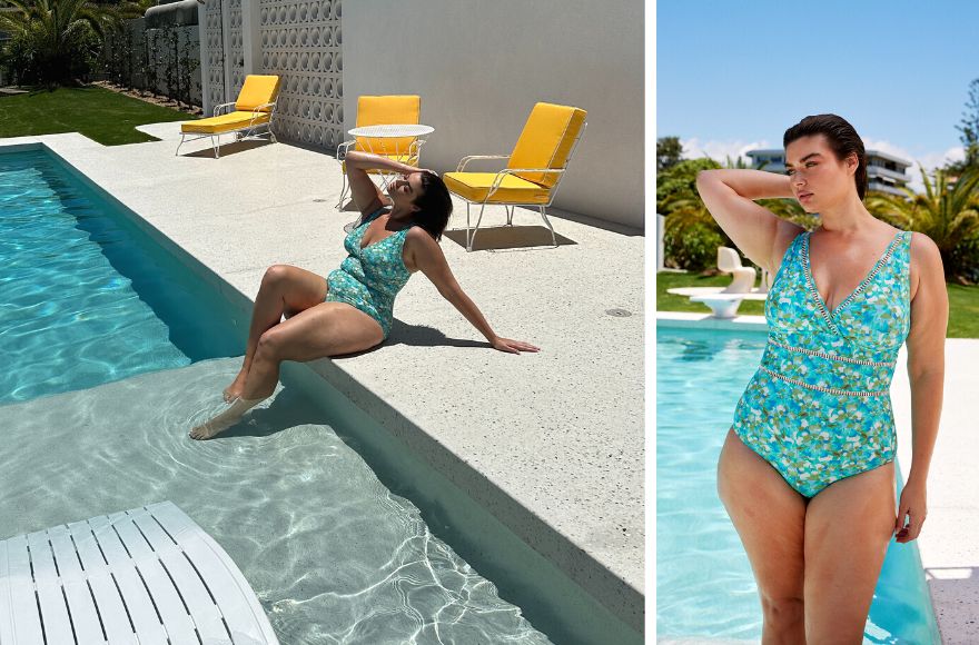 Woman with short brown hair poses by the Palm Springs inspired pool