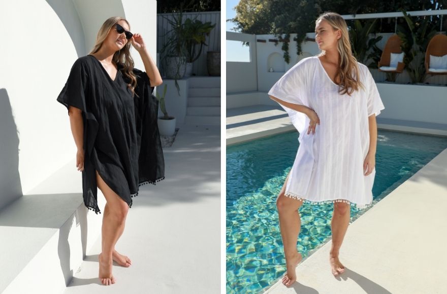 Woman with blonde hair poses in two different kaftans - one black, one white. 