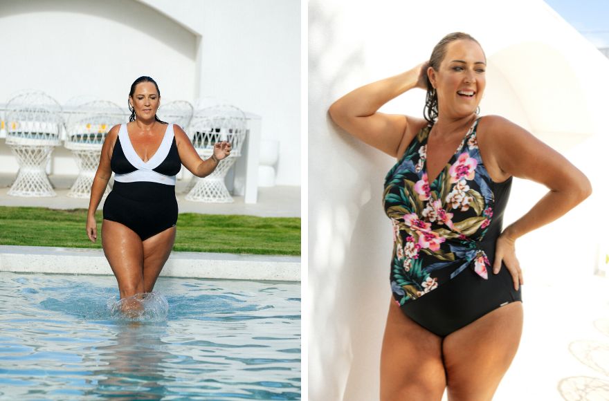 Woman with long brown hair wears black and white v neck swimsuit in the pool. Woman with long brown hair wears black and floral crossover one piece