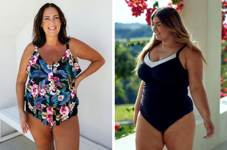 Woman with long brown hair wears black and floral ruffle tankini top. Woman with long brown hair wears black and white v neck one piece swimsuit