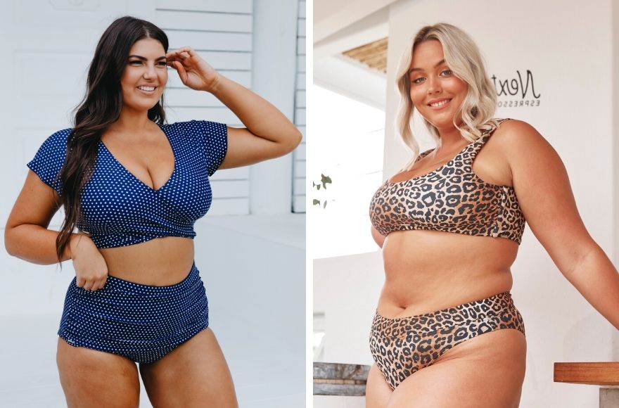 woman with long brown hair wears navy and white polkadots crop wrap bikini top and high waisted pant