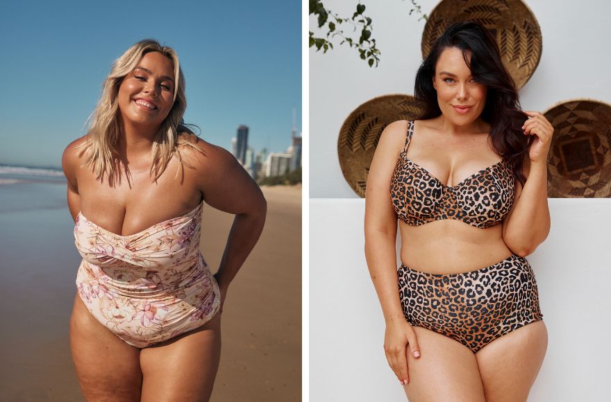 Woman with blonde hair wears strapless pale pink floral one piece swimsuit. woman with long brown hair wears leopard print underwire bikini top and high waist pants. 