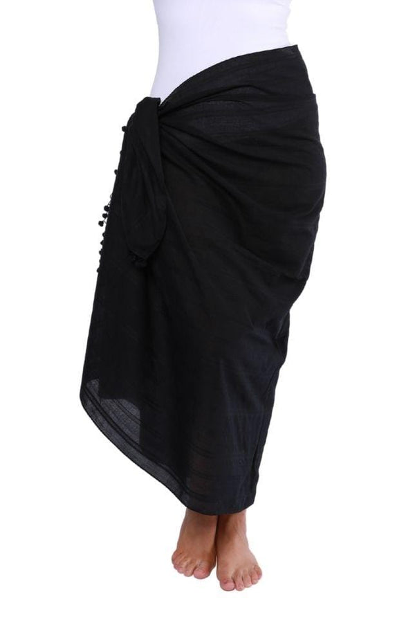 Black Cotton Sarong with Pom Poms | Curvy Swimwear Australia - Curvy ...