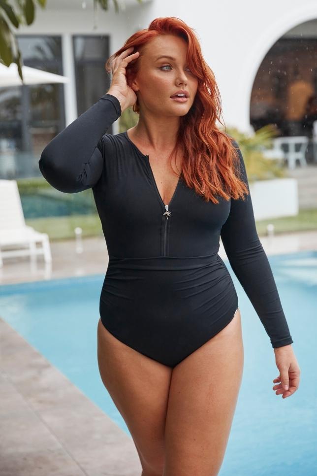 Chlorine Resistant Black Zip Front Long Sleeve One Piece Swimwear Curvy Swimwear Australia