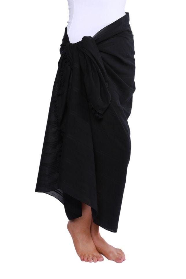 Black Cotton Sarong with Pom Poms | Curvy Swimwear Australia - Curvy ...