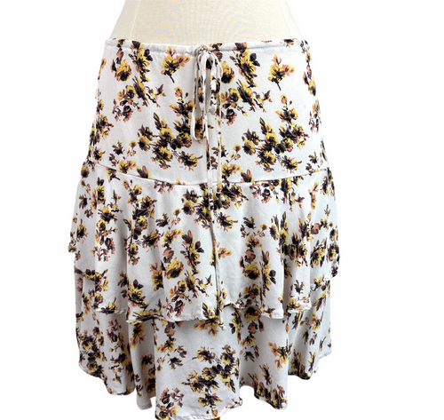 Double Ruffle Skirt in White with yellow flowers, drawstring waist