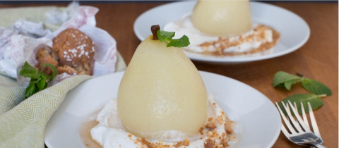 Sous Vide Riesling Poached Pears with Cardamom Cream