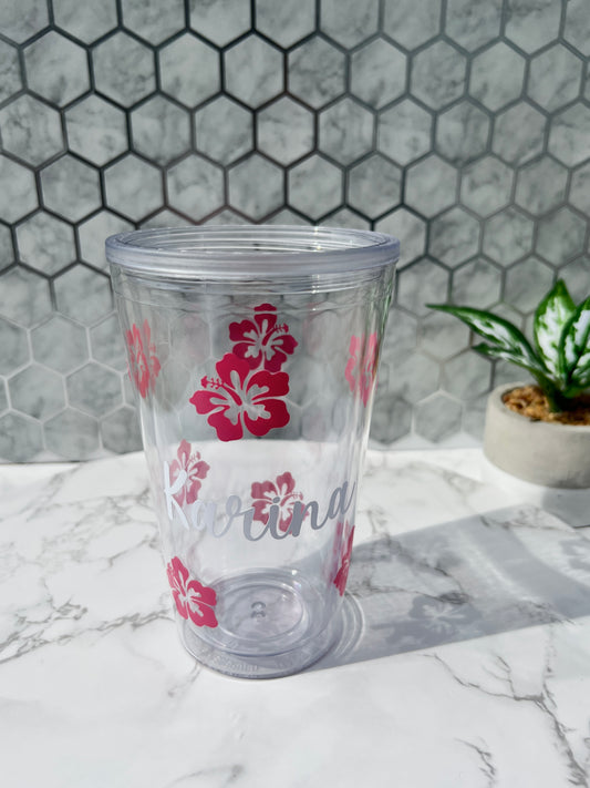 Personalized Fuchsia Hibiscus Flower 16 oz Glass Can Cup – Luna K