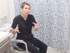 Emilia Bourland Higher Caregiver Standards Training demonstrating how to use a bedside commode over the toilet
