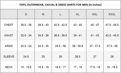 TOPS, OUTERWEAR, CASUAL & DRESS SHIRTS FOR MEN (in inches)