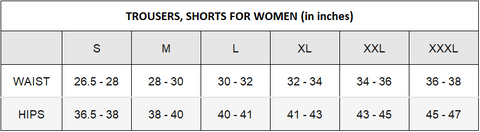 TROUSERS, SHORTS FOR WOMEN (in inches)