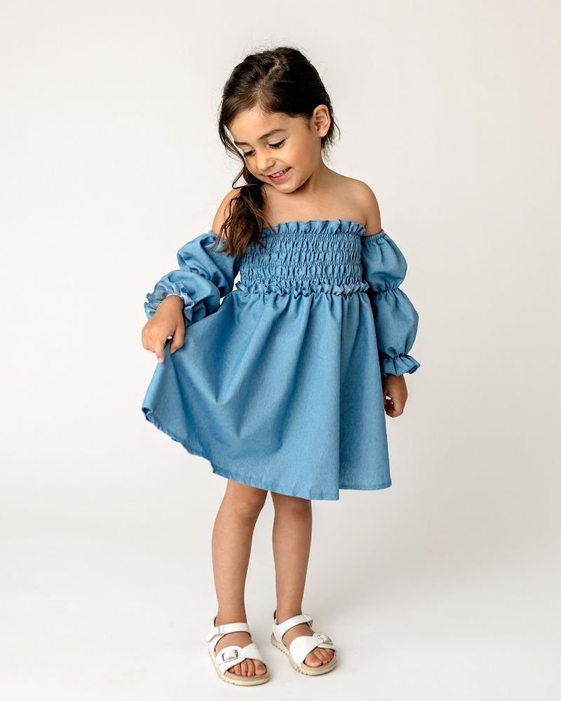 Calliope | Girl's Puff Sleeve Off Shoulder Dress | Bailey's Blossoms | Blue Chambray