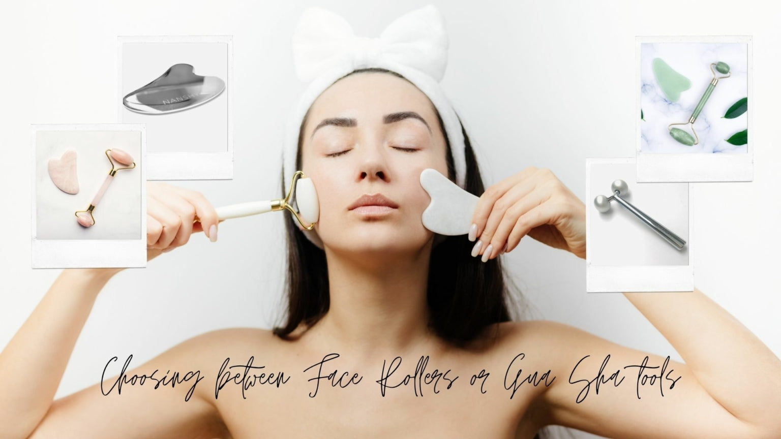 lady massaging her face with roller and gua sha