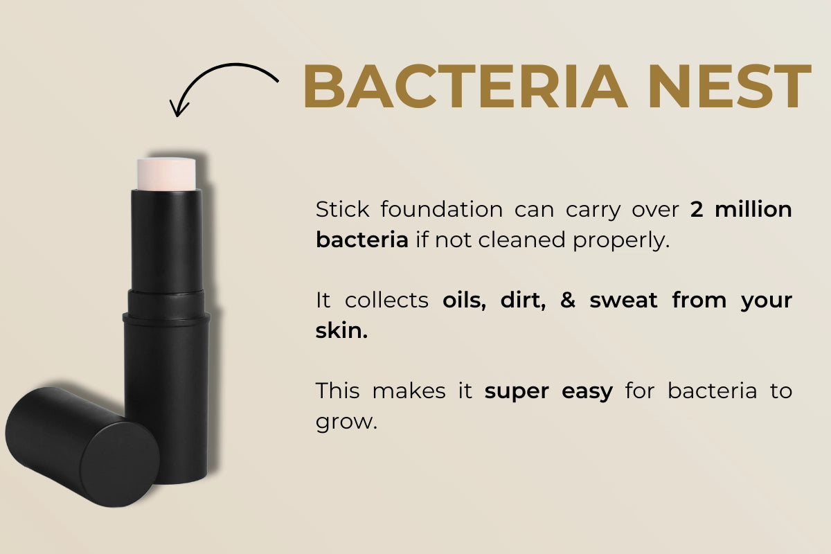 Close-up of stick foundation. Warning about bacteria accumulation and buildup.