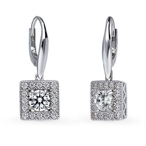 Halo Round CZ Leverback Dangle Earrings in Sterling Silver