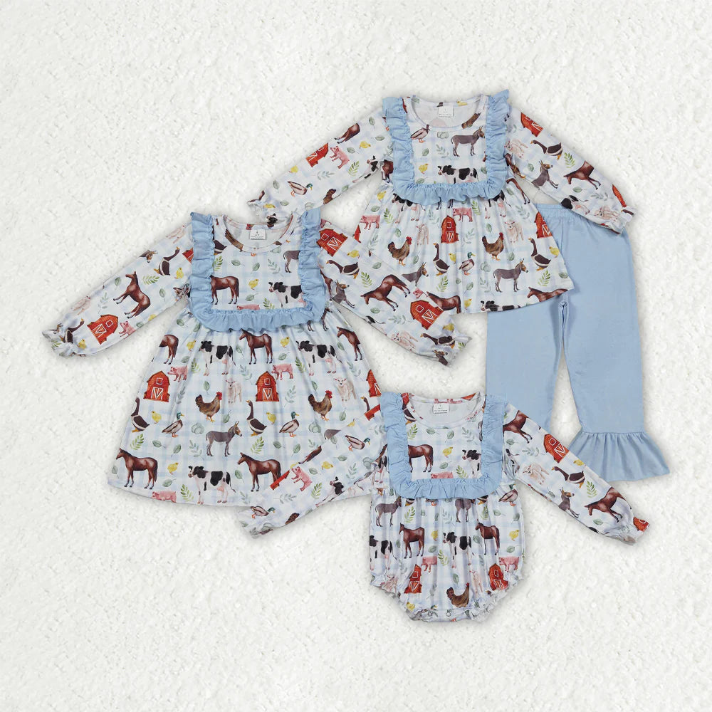 10.1 RTS Sibling Baby Girls Farm House Animals Rompers Dresses Outfits