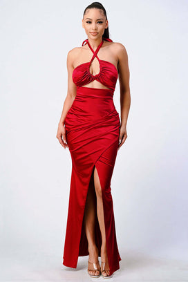 Elika's Dress Code , Amore Satin Maxi dress with Front Slit, at $65