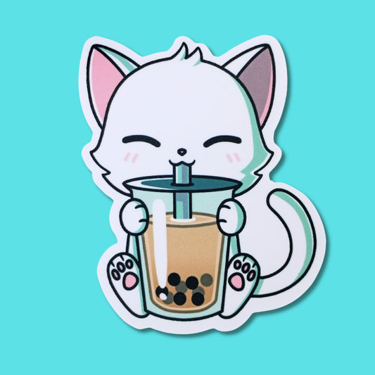 White Kawaii Kitty Drinking Boba Tea Waterproof Sticker | 