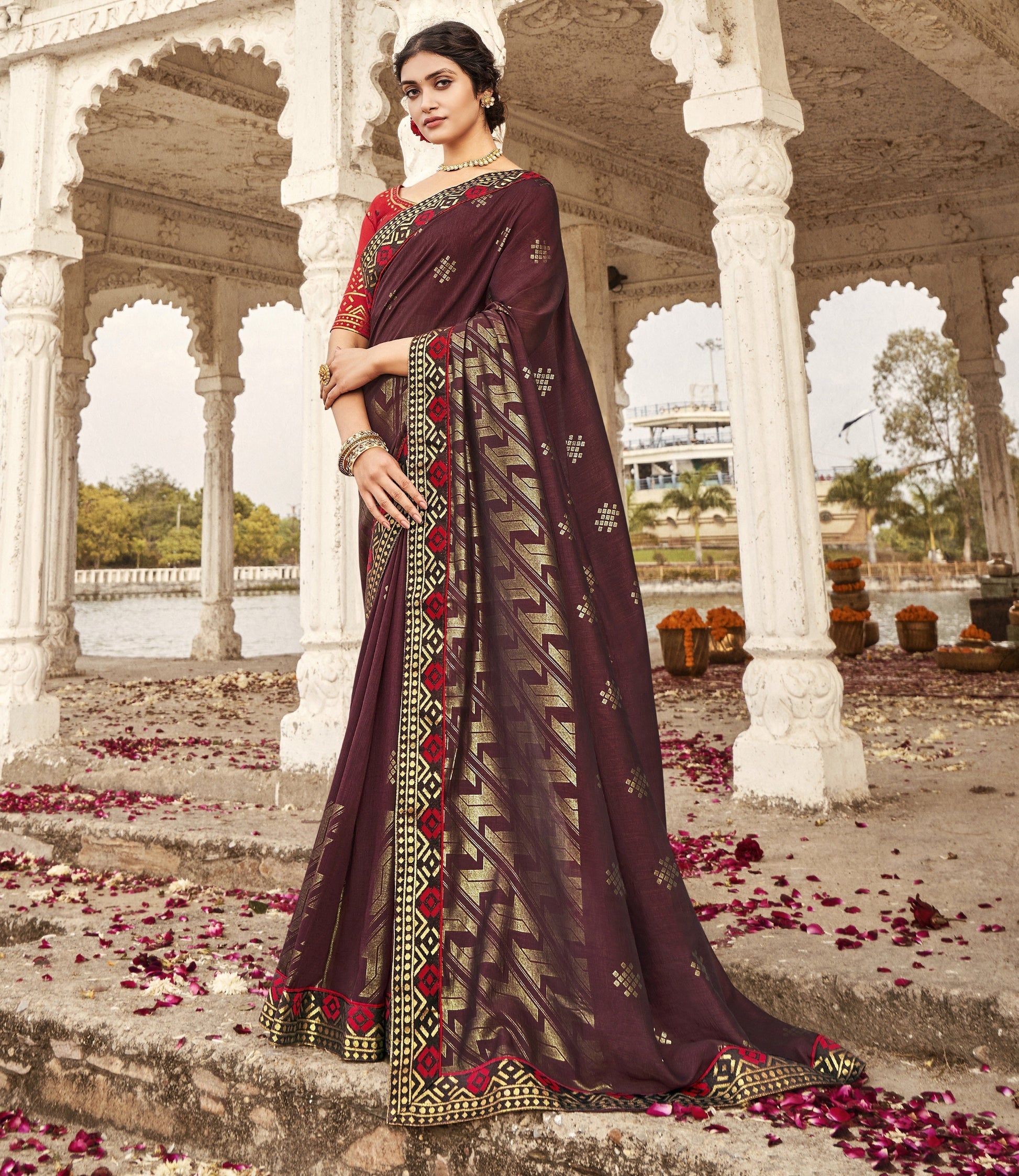 Brown Woven Printed Vichitra Silk Saree & Unstitched Blouse - Essential Sarees - Raspberry Blush