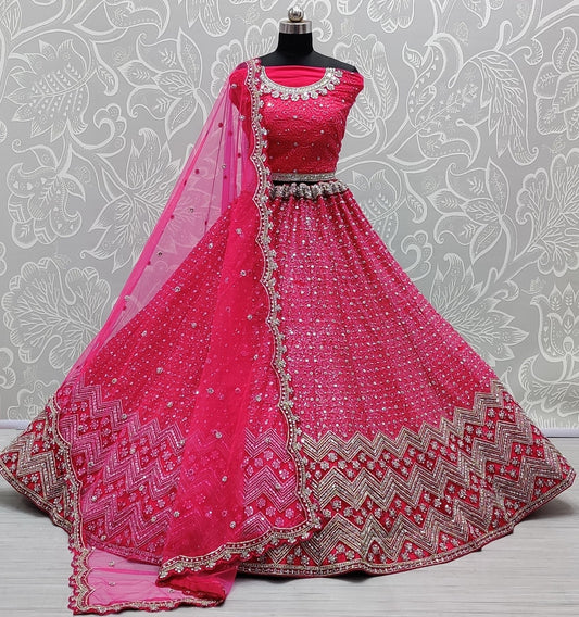 Pink Zari Embroidered Sequins Mirror Work Net Designer Lehenga Choli (Semi-Stitched) - Raspberry Blush