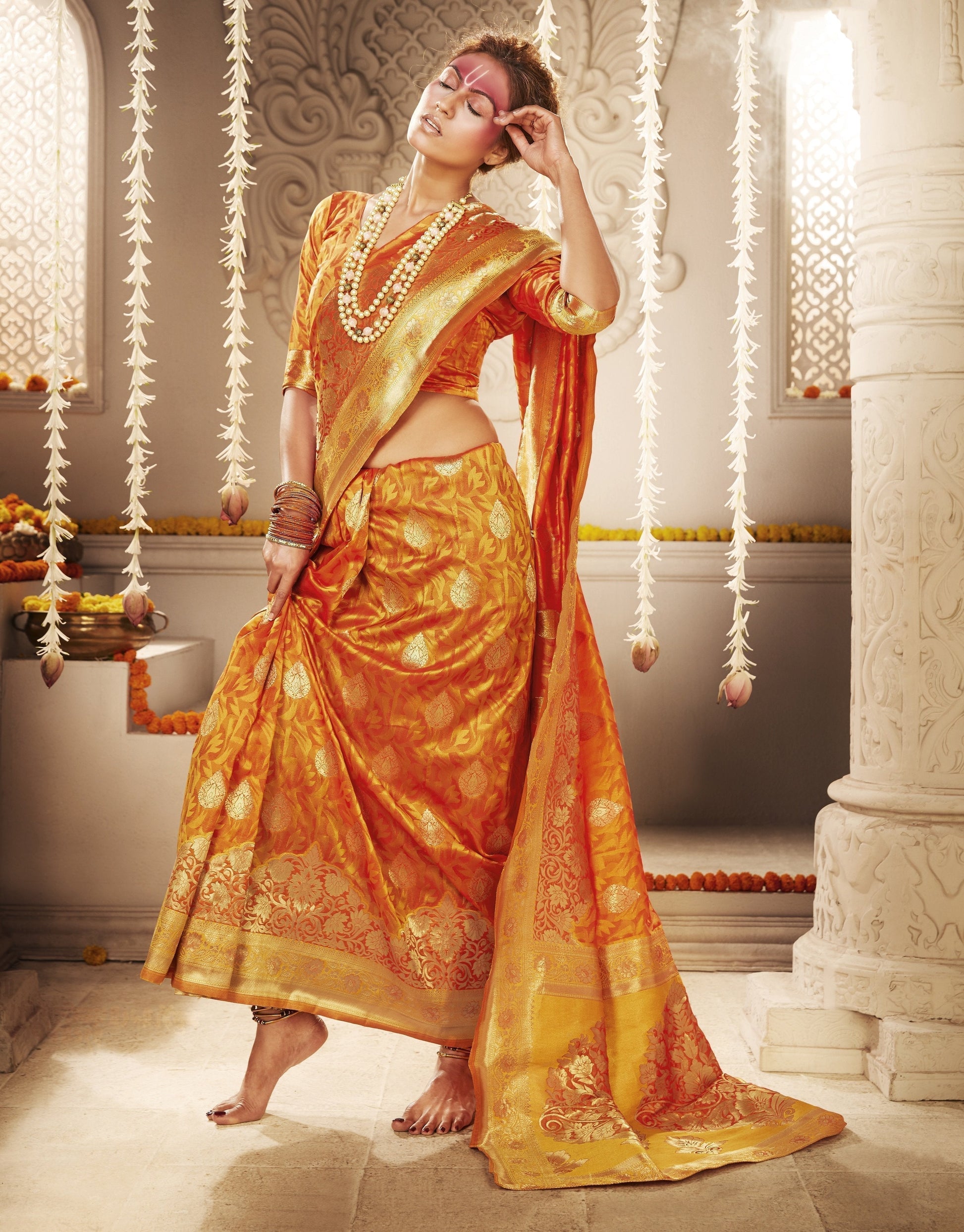 Orange Woven Banarasi Art Silk Saree & Unstitched Blouse - Essential Sarees - Raspberry Blush