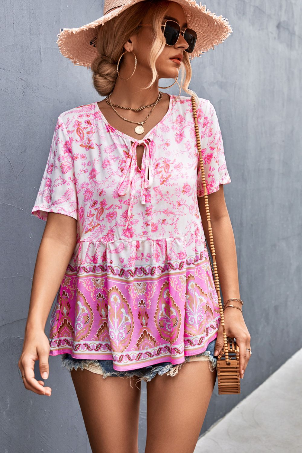 Bohemian Tie Front Peplum Top