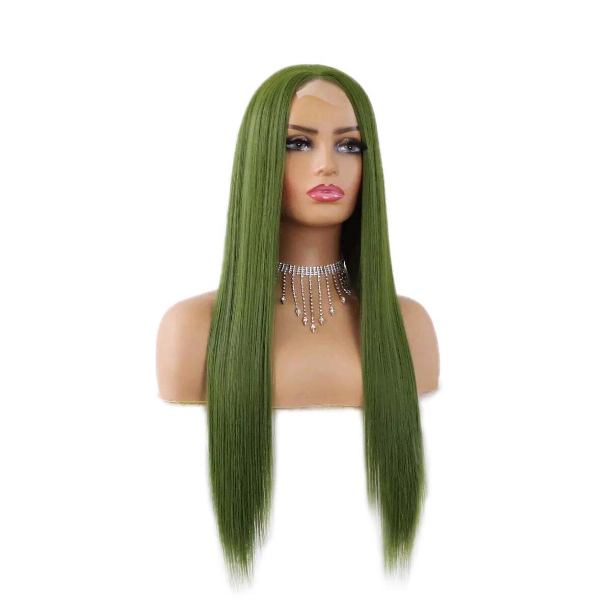 Lace Front Synthetic Wig Green Long Heat Resistant Fiber Hair for Women Half Hand Tied Wig Cosplay Daily Use Hair 26 Inch
