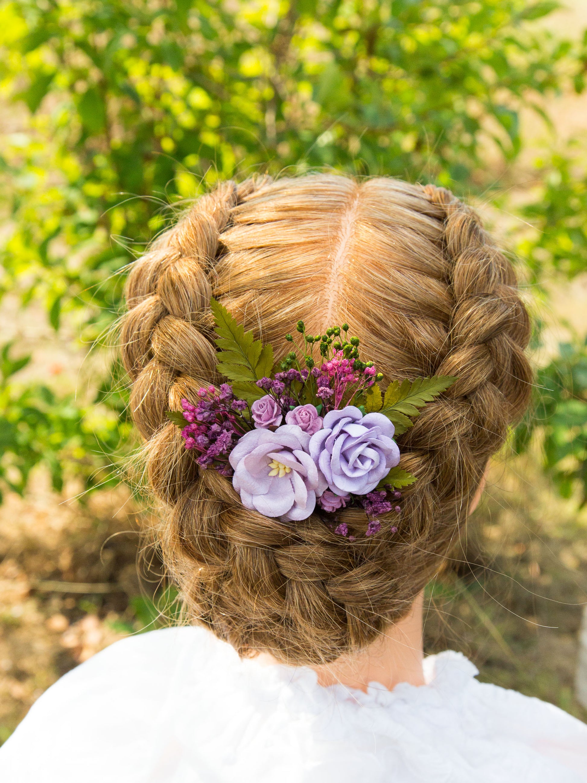 Peigne à cheveux fleuri lilas et violet, gypsophile et fougères –  Flor'Ombelle