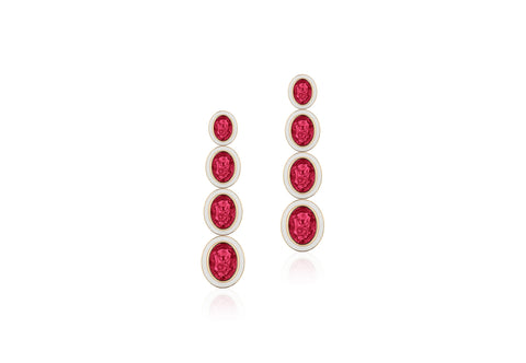 Linear 18K yellow gold drop earrings featuring four vibrant oval-cut rubies