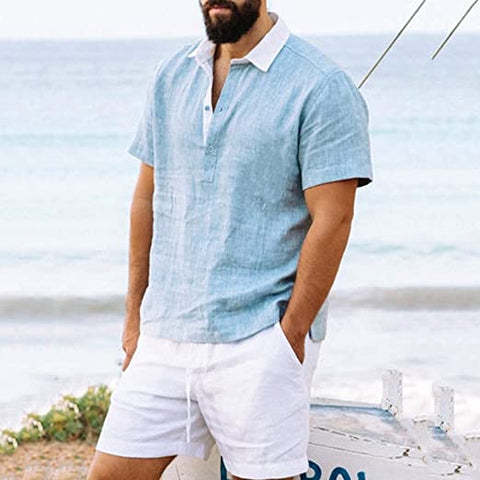 alt="shorts with linen shirt"