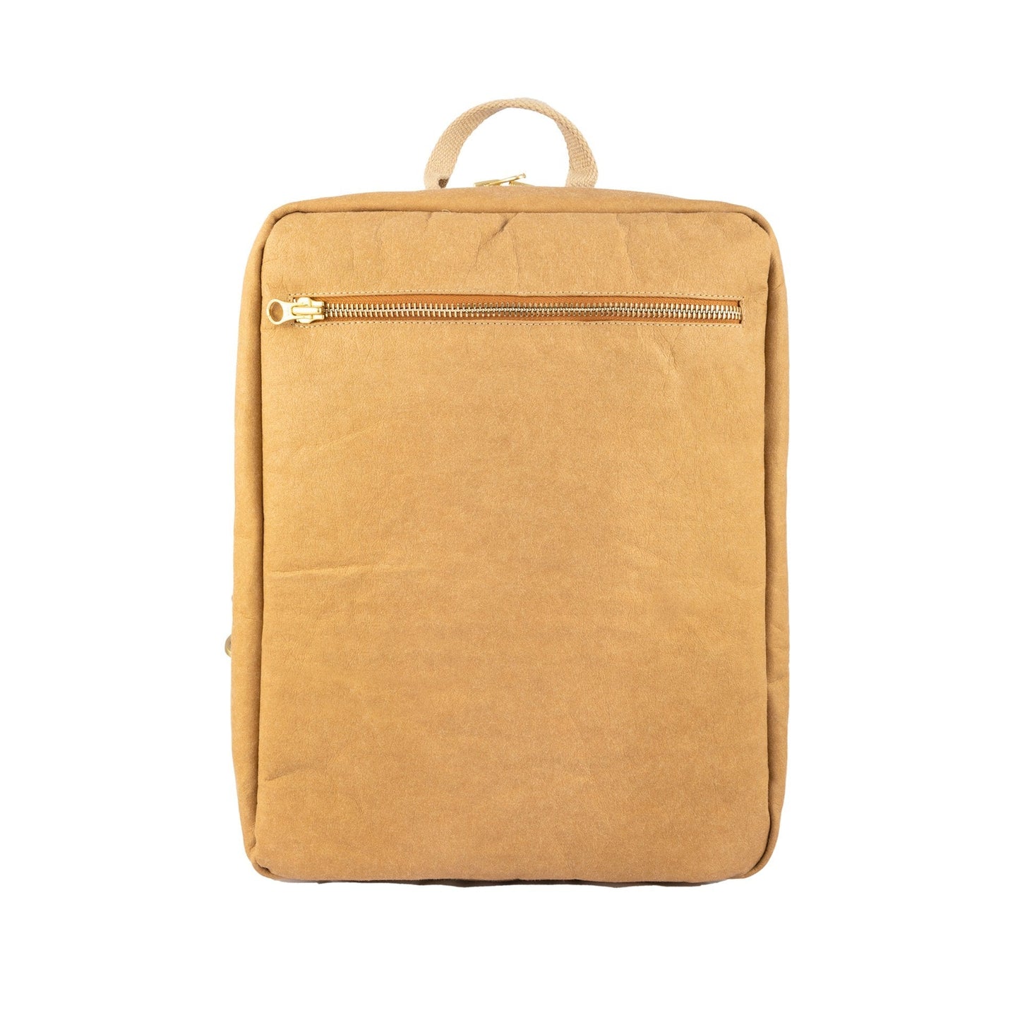 A square washable paper backpack is shown in a light tan colour. it has one external zip pocket and a top handle.