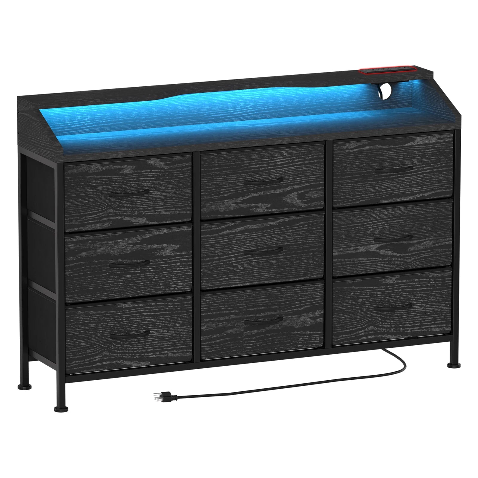 Dresser for Bedroom, 9 Drawers Dresser with LED Lights & Charging Station-Black