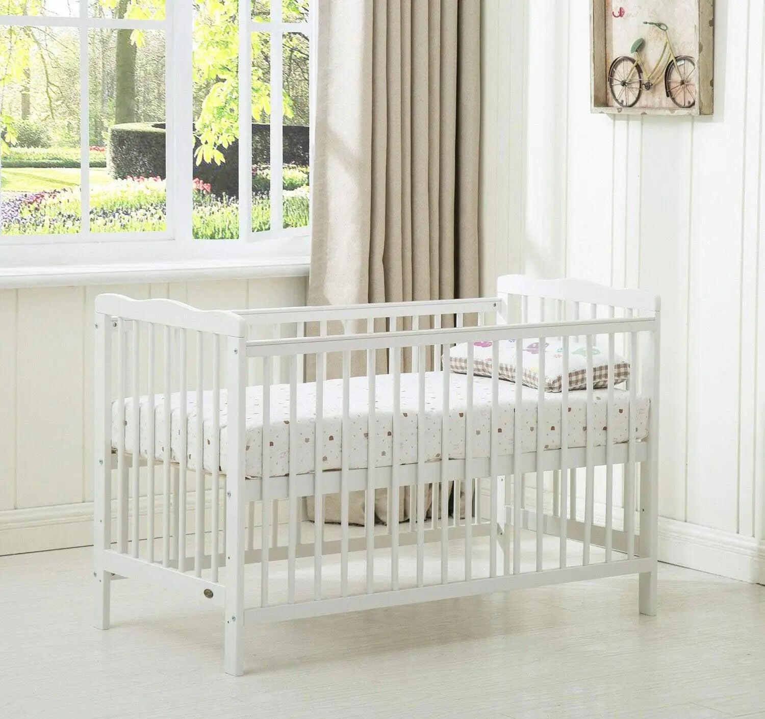 mcc direct Brooklyn Baby Cot Crib With Water repellent Mattress and Safety Wooden Barrier (125 x 66 cm)